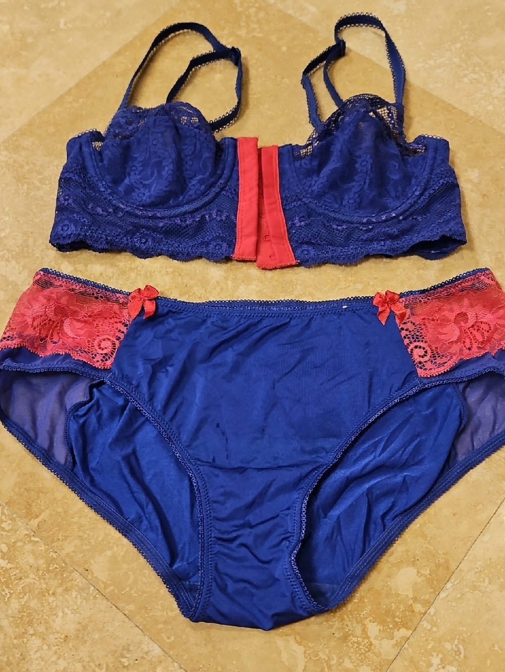 B. TEMPTED Royal Blue Lace Underwire Bra & Bikini Set with Pink Accents
